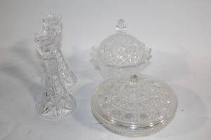 lot 245 image: Set of 2 Crystal Covered Dishes and 2 Crystal Candle Holders