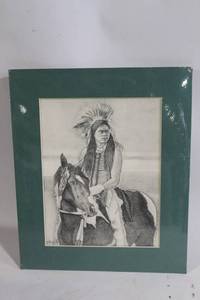 lot 253 image: Paula Beck Signed 1992 Pencil Drawing of Native American on Horse