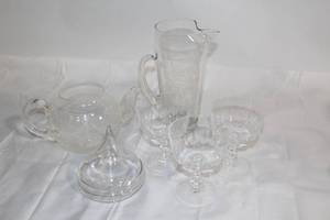 lot 269 image: Set of Glassware with Pitcher, Teapot, and Champagne Glasses