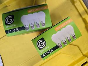 lot 108 image: Lot of 8 LED Greenlite 100W Equivalent Light Bulbs (4 packs in each of the two boxes) New