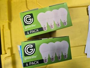 lot 118 image: Lot of 8 LED Greenlite 100W Equivalent Light Bulbs (4 packs in each of the two boxes) New
