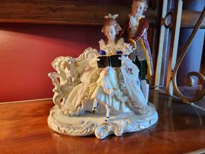 lot 403 image: Dresden Lace Large Figurine  Couple with Dog