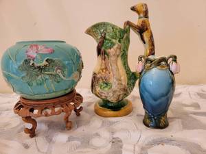 lot 365 image: Majolica Collection  Bulb Vase  Pitcher  Vase