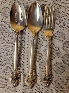 lot 4A image: Wallace Grand Baroque Sterling Silver 3 pc Serving Spoons and Fork  299 grams