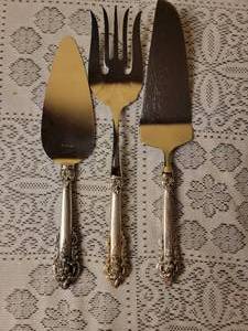 lot 4C image: Wallace Grand Baroque Sterling Silver 3 pc Dessert Servers and Meat Fork