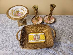lot 307 image: Antique French Woven Basket with Oromul Compote and Candlesticks