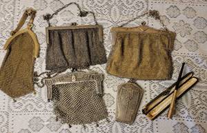lot 179 image: Antique Art Deco Silver Chain Mail Handbag Collection and GF Cigarette Holder