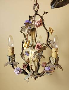 lot 56 image: French Metal and Porcelain Flower 3 Light Chandelier