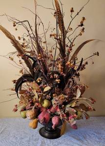 lot 339 image: Large Elaborate Dried Fruit and Pheasant Feather Centerpiece