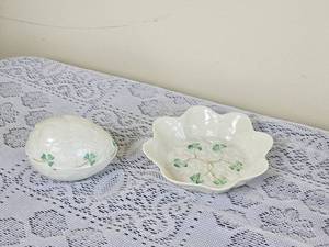 lot 287 image: Irish Belleek Shamrock Easter Egg & Dish
