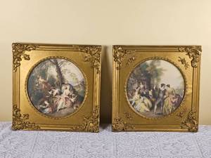 lot 612 image: Pair of Rococo French Prints in Extravagant Gilt Frames