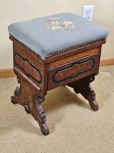 lot 225 image: Antique East lake Bural Wood Footstool with Needlepoint Cushion