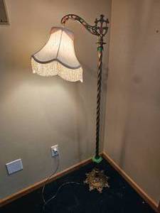 lot 230 image: Spelter Art Dcor Floor Lamp with Fringed Parlor Shade