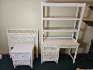 lot 707 image: White Wicker Bed Set From Henry Link (Twin Headboard, Bedroom Desk, & Nightstand) 