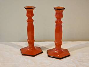 lot 711 image: Vintage 1920s Orange Glass Candlesticks