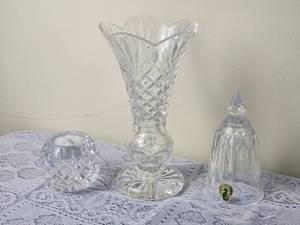 lot 140 image: Waterford Crystal  Flute Vase, Candleholder, Bell