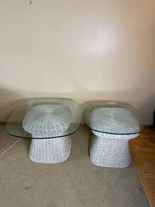 lot 727 image: White Wicker Mushroom Side Tables with Glass Tops