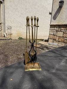 lot 734 image: Pine Cone Handle Brass Fireplace Tools