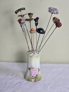 lot 656 image: Stunning Bavairan Porcelain Hat Pin Holder with Antique Hat Pins