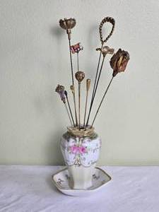 lot 655 image: Gorgeous French Limoges Hat Pin Holder with Antique Hat Pins