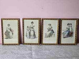 lot 650 image: Antique Handcolored Engraving Fashion Print Set (4) - Ball Dress - Evening Dress - Opera Dress