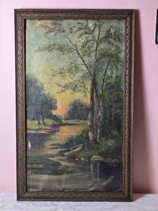 lot 595 image: Shadowy Vintage Fine Art Original Landscape Painting - Hildegard - Rowboat