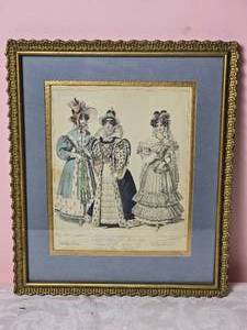 lot 578 image: Amazing Antique English Fashion Etching Print - W. Alais - Newest Fashions for March 1829  Costumes of All Nations No. 37  Dress for Queen Elizabeth