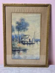 lot 577 image: Dreamy Vintage Original Watercolor Landscape Painting - Marzoy - Boathouse