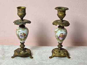 lot 576 image: Antique French Handpainted Porcelain Candlestick Pair
