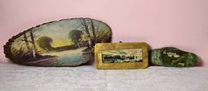 lot 564 image: Brilliant Vintage Landscape Paintings on Live Edge Wood