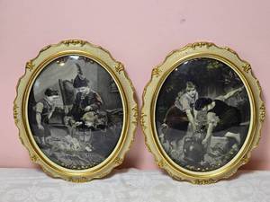 lot 563 image: Antique French Round Framed Prints, Pair