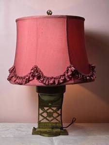 lot 781 image: Vintage Brass Urn Table Lamp with Frilled Red Shade