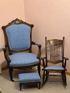 lot 31 image: Stunning Antique Bergere Armchair with Childs Rocker - Matching Upholstery