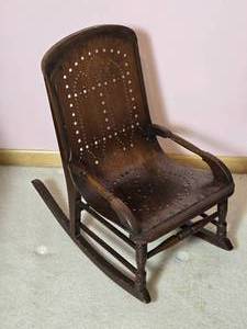 lot 768 image: Miniature  Childrens  Antique Pressed Wood Rocking  Chair