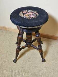 lot 197 image: Antique Clawfoot Needlepoint Piano Stool