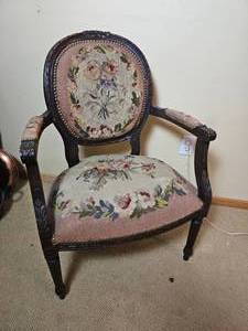 lot 50 image: Antique French Needlepoint Bergre Arm Chair