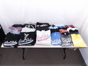 lot 20 image: Large Lot of Mostly Medium Sized 100% Cotton etc. East Side Pizzeria T-Shirts, Sweaters, etc.