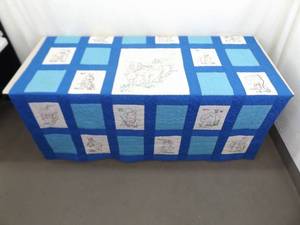 lot 24 image: Vintage Handmade Western History Themed Blue Patchwork Quilt