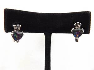 lot 72 image: NEW .925 Sterling Silver Mystic Topaz Heart Zirconia Hinged Latch Earrings