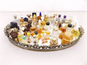 Lot of VERY Collectible Vintage Miniature Perfume Bottles on Mirrored Dresser Tray&nbsp;