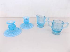 lot 88 image: Vintage Light Blue Fenton Glass Hobnail Candle Set, and L.G. Wright Cream Sugar Set
