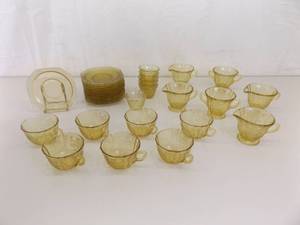 lot 90 image: Lot of Amber Federal Depression Glass Cups and Saucers, Creamer and Sugar etc.