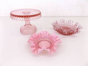 lot 92 image: Lot of Vintage Fenton, etc. Pink Hobnail Ruffled Glass, Cake Stand, etc.