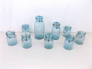 lot 94 image: Lot of Lidded etc. Vintage Blue Ball Wire Mason Jars