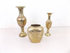 lot 98 image: 3 SOLID Brass Etched etc. Vases
