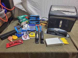 lot 107 image: Large Lot of Office Supplies - Staplers, Tape, CD-RWs, and More
