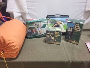 lot 108 image: Collection of Outdoor Camping Gear - Sleeping Bag, Air Bed, Stoves, and Lantern