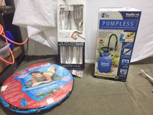lot 112 image: Set of Pump Sprayer, Stainless Steel Tool Set, and Floating Lounge