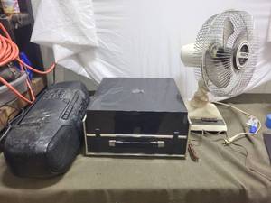 lot 113 image: Panasonic Table Fan, Sanyo Turntable Record Player, and Panasonic Boombox