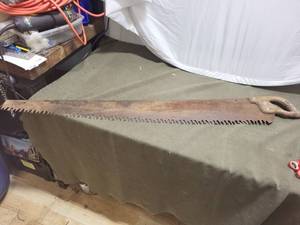lot 142 image: Vintage Two-Man Crosscut Logging Saw with Wooden Handle